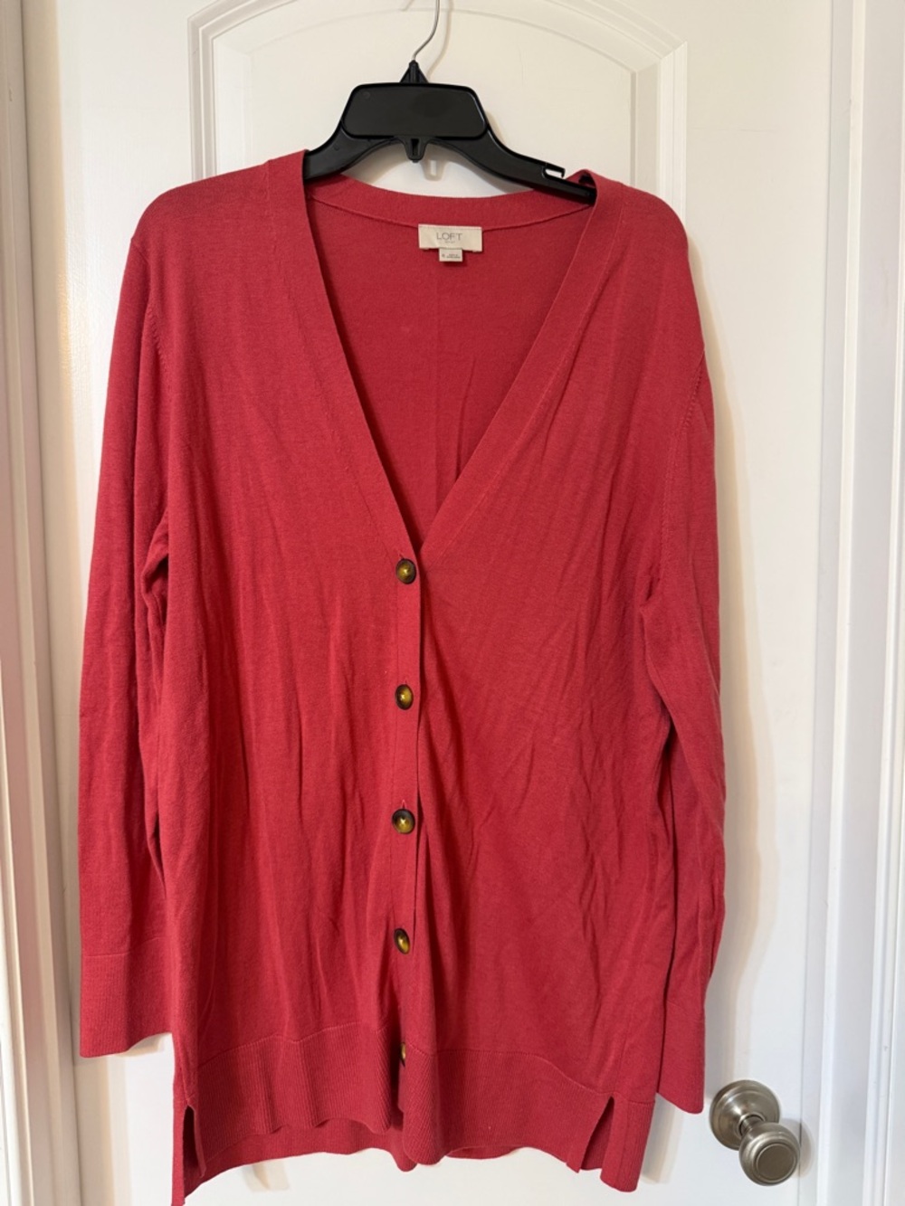 LOFT Coral-Red V-Neck Button Cardigan